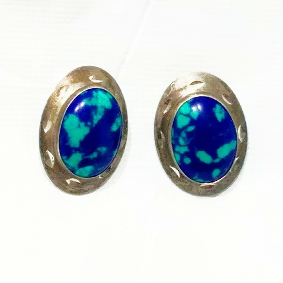 Vintage Azurite/Sterling Silver Native American Earrings - Picture 4 of 5